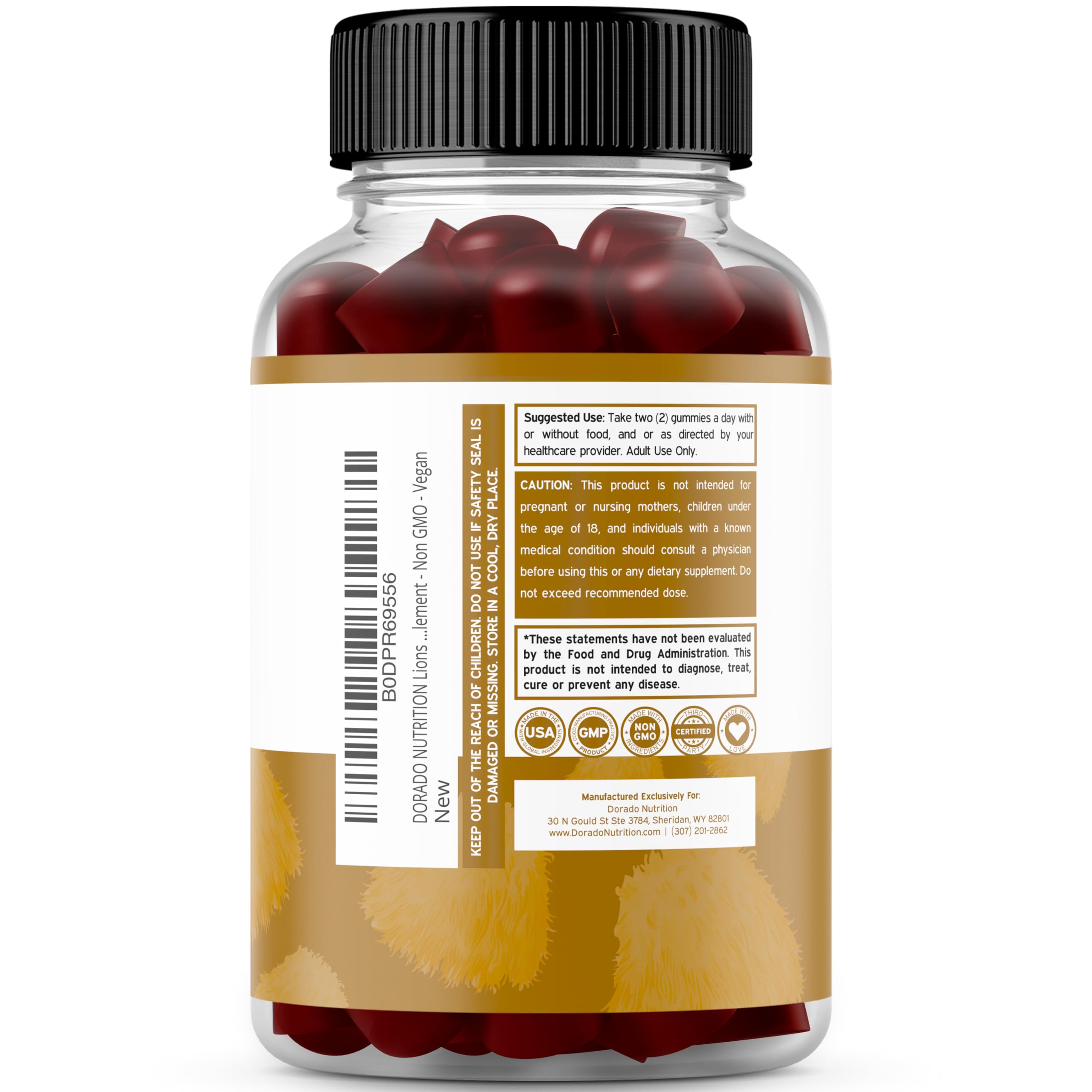 Third-party testing seal on Lions Mane Gummies container