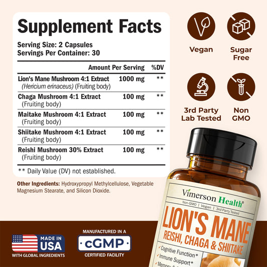 Product label showing Lions Mane supplement
