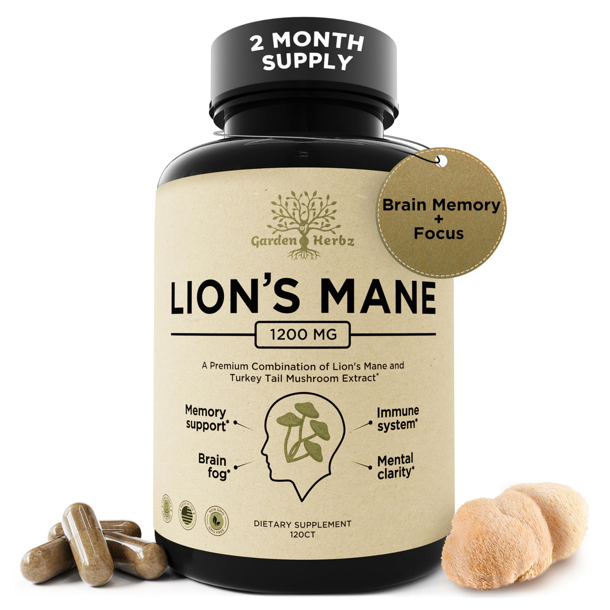 Front label of Lions Mane + Turkey Tail capsules bottle