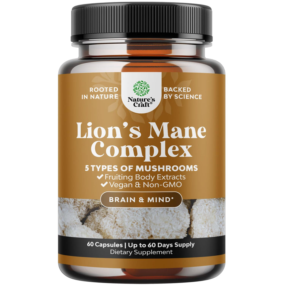 Lions mane brain support supplement capsules with reishi and chaga