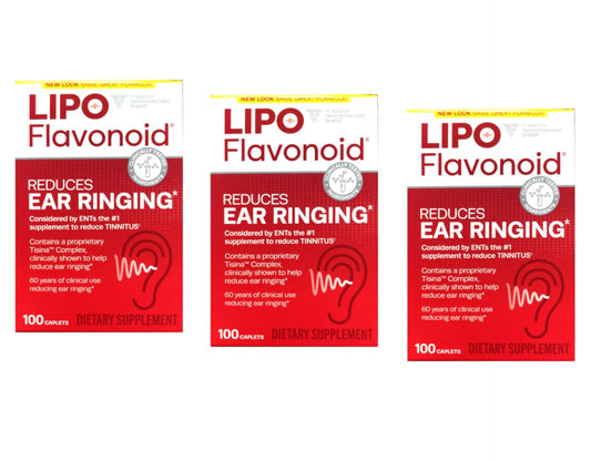 Front view of Lipo-Flavonoid Plus ear health dietary supplement in 3-pack