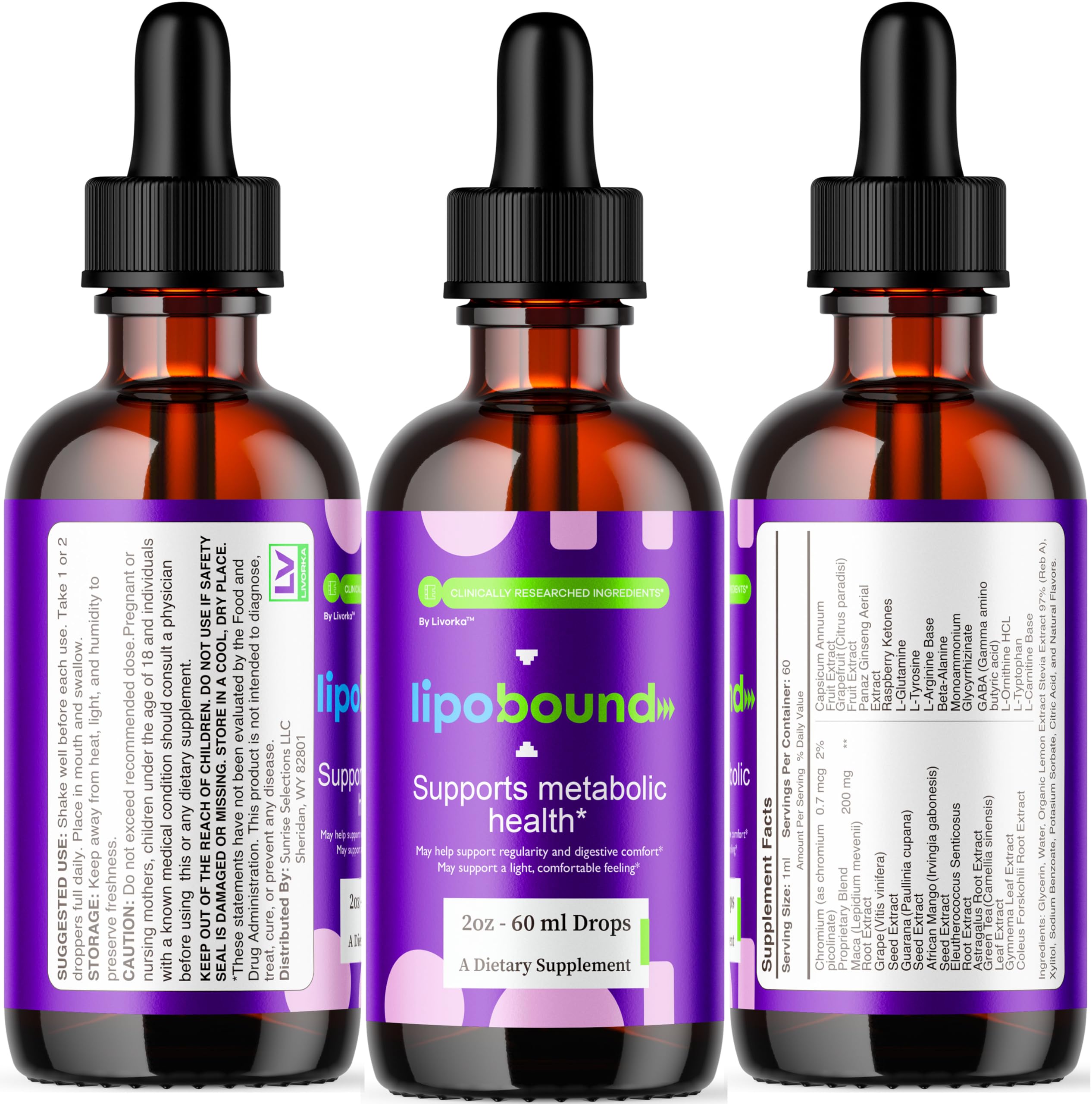 Nutrition facts panel for Lipobound Drops bottle