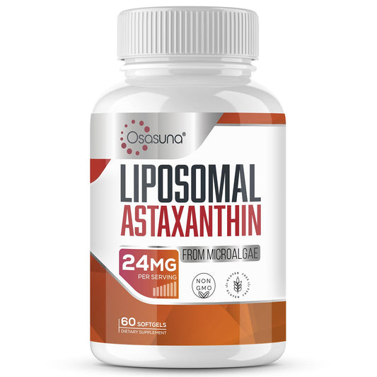 Liposomal astaxanthin softgel bottle label showing 24 mg per serving