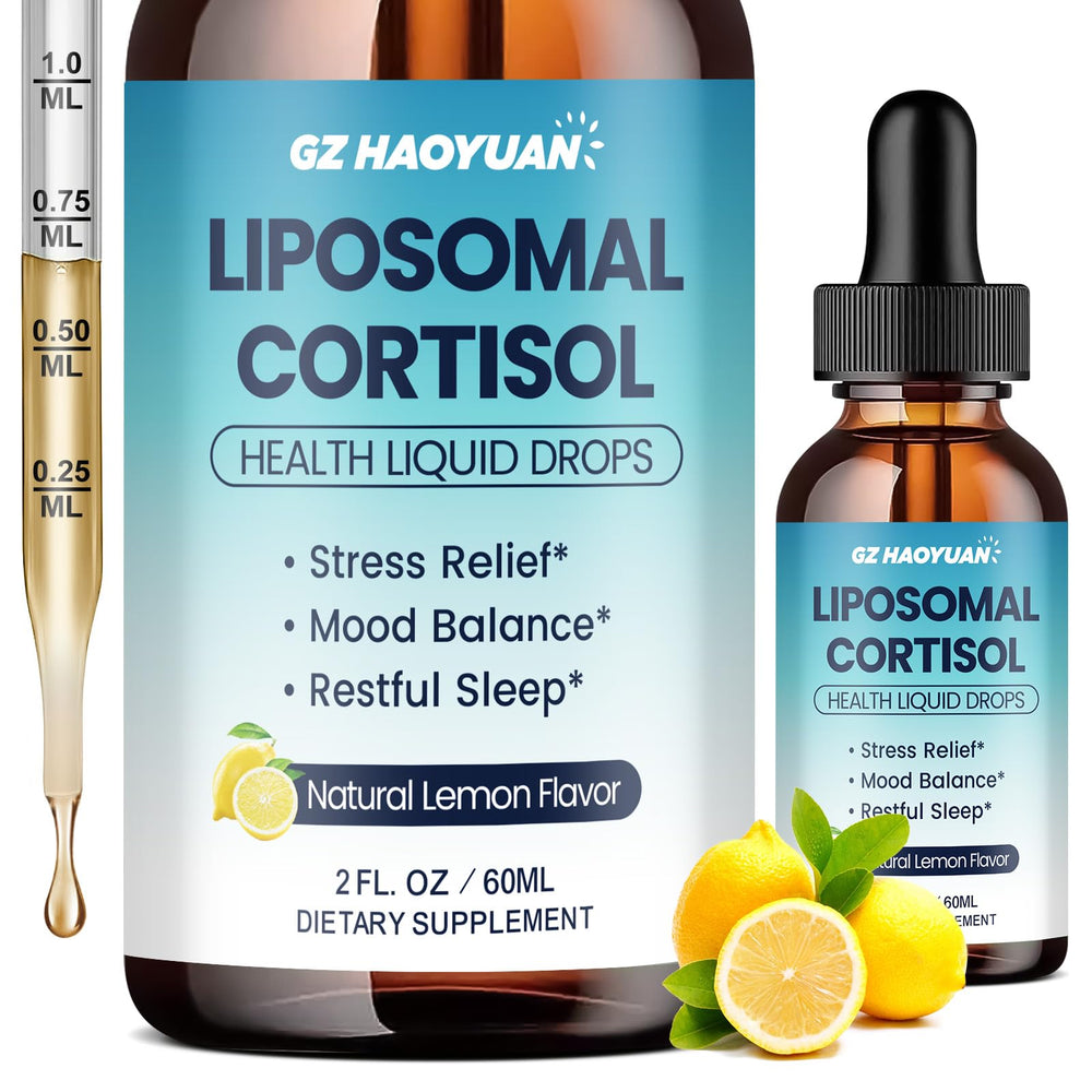 Liposomal cortisol liquid drops bottle with lemon flavor label