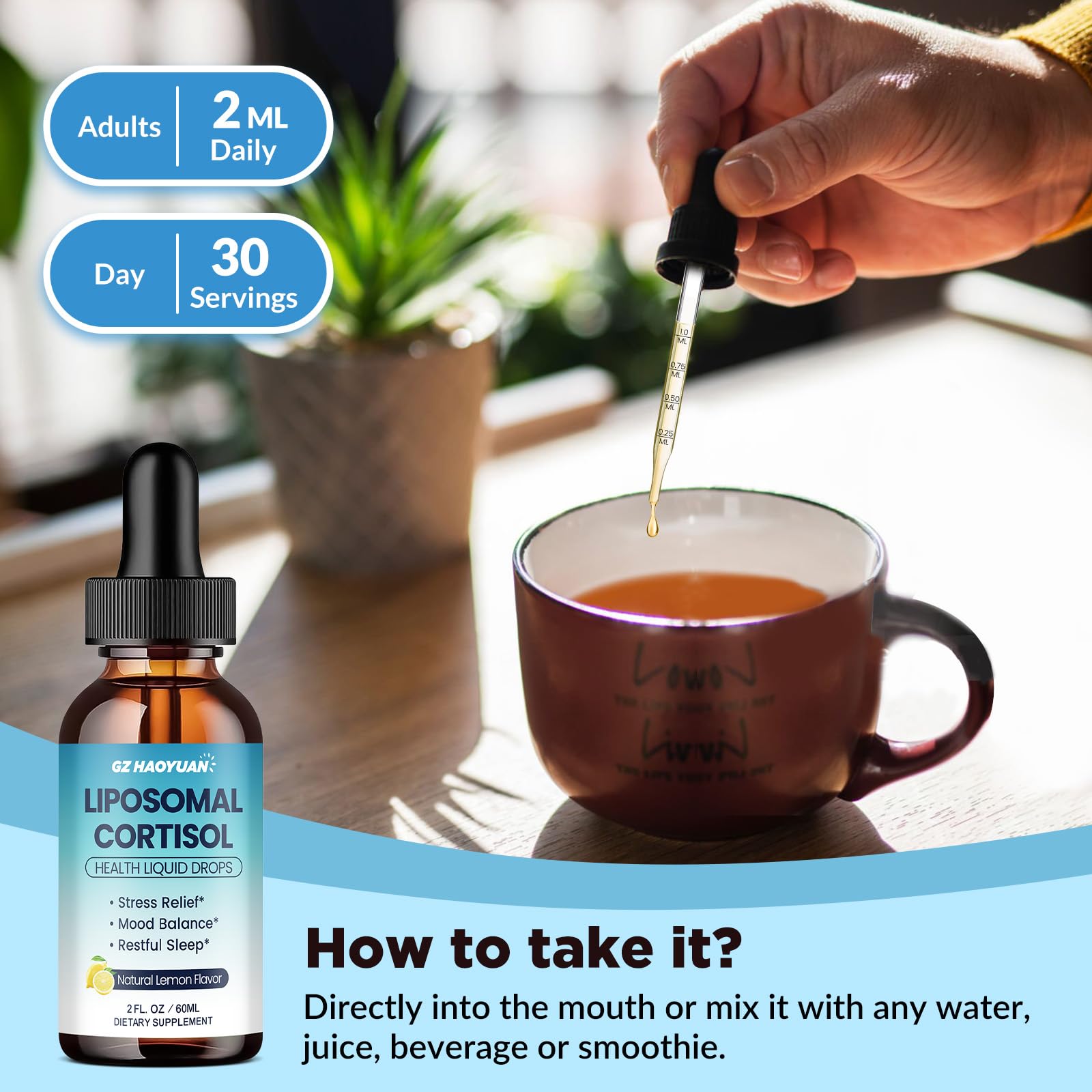 Dropper releasing cortisol liquid into water for easy dosing