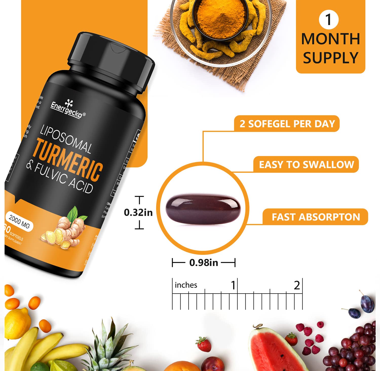 Supplement facts highlighting 2000 mg turmeric curcumin with 95% curcuminoids and 15 mg black pepper extract