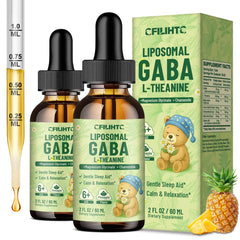 Front view of 2-pack Liposomal GABA L-Theanine Drops for Kids in pineapple flavor