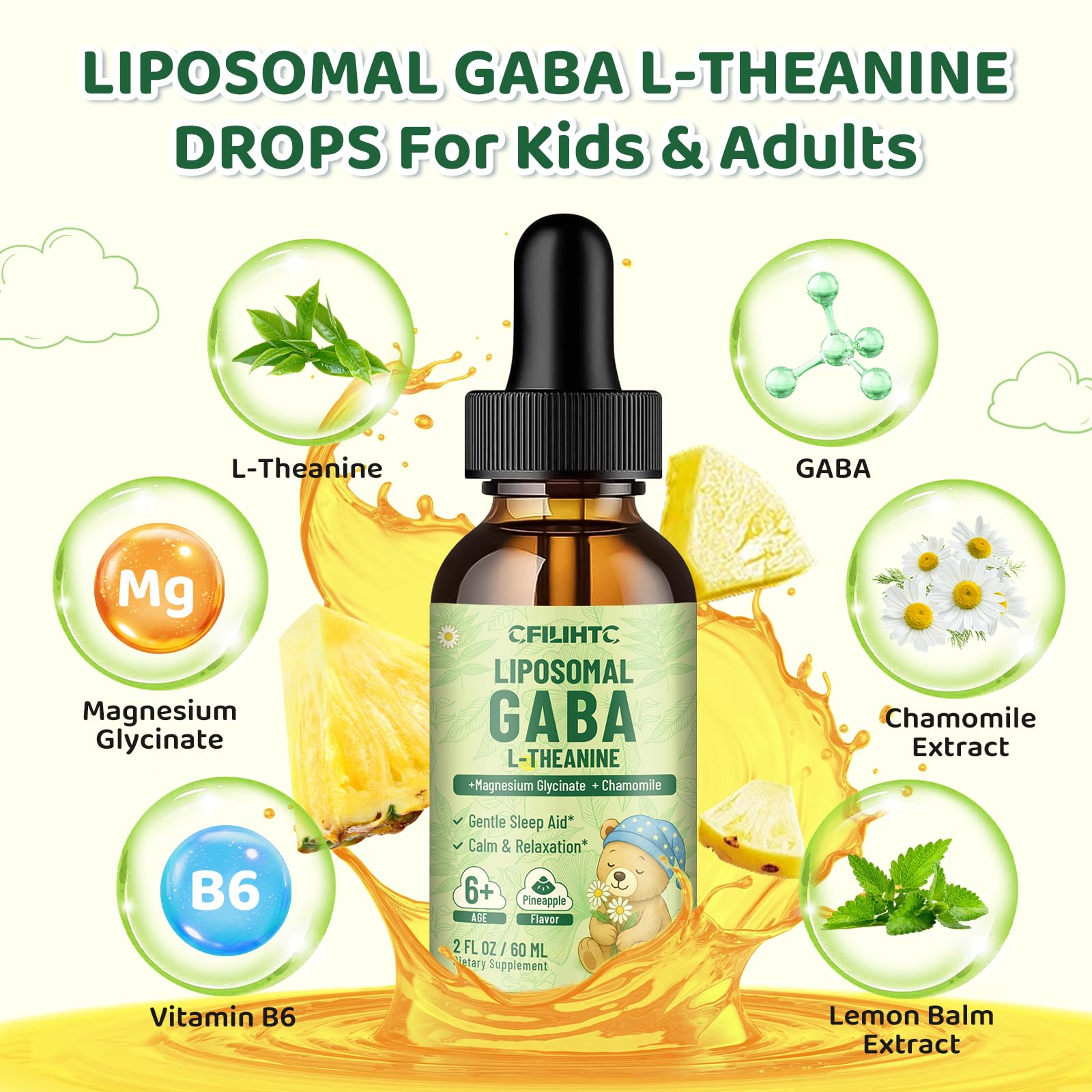 Kids-friendly dropper bottle of GABA L-Theanine pineapple drops