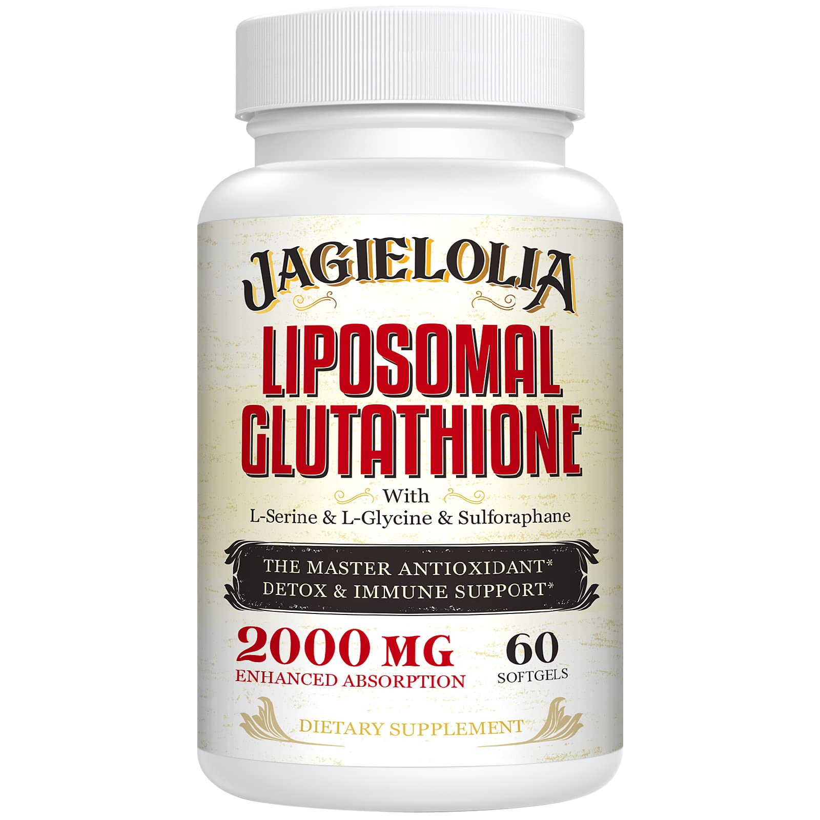 Front view of Liposomal Glutathione 2000 mg softgel bottle