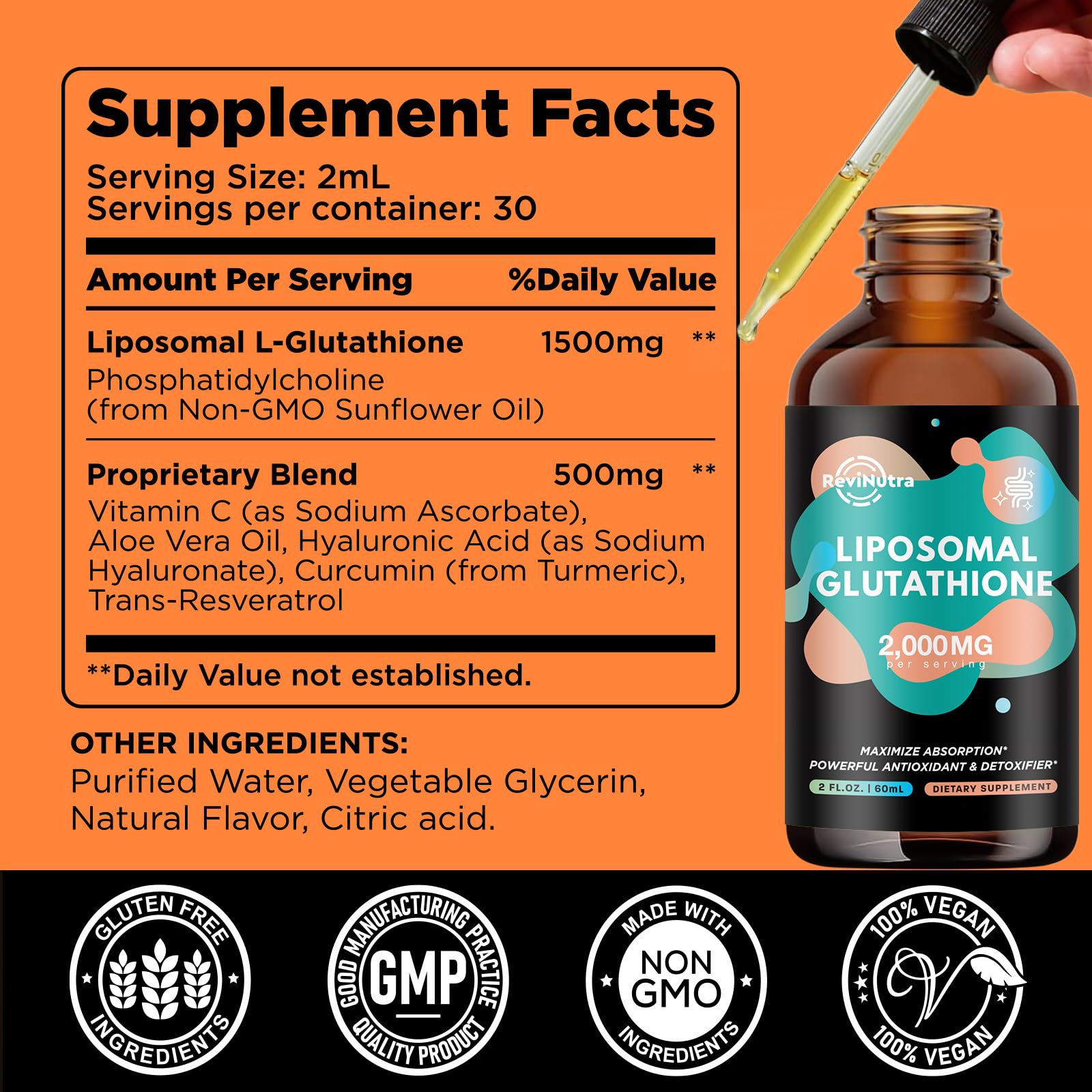 Bottle label highlighting liposomal glutathione 2000mg