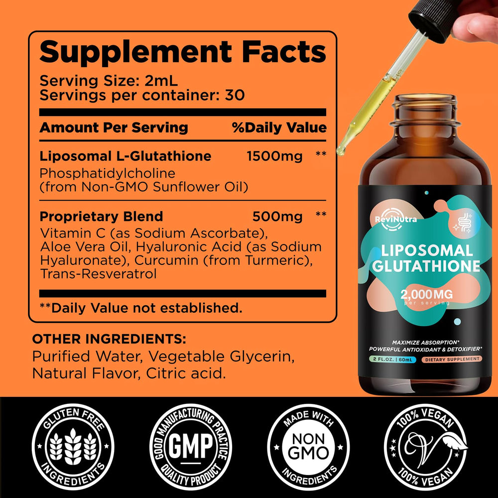 Bottle label highlighting liposomal glutathione 2000mg