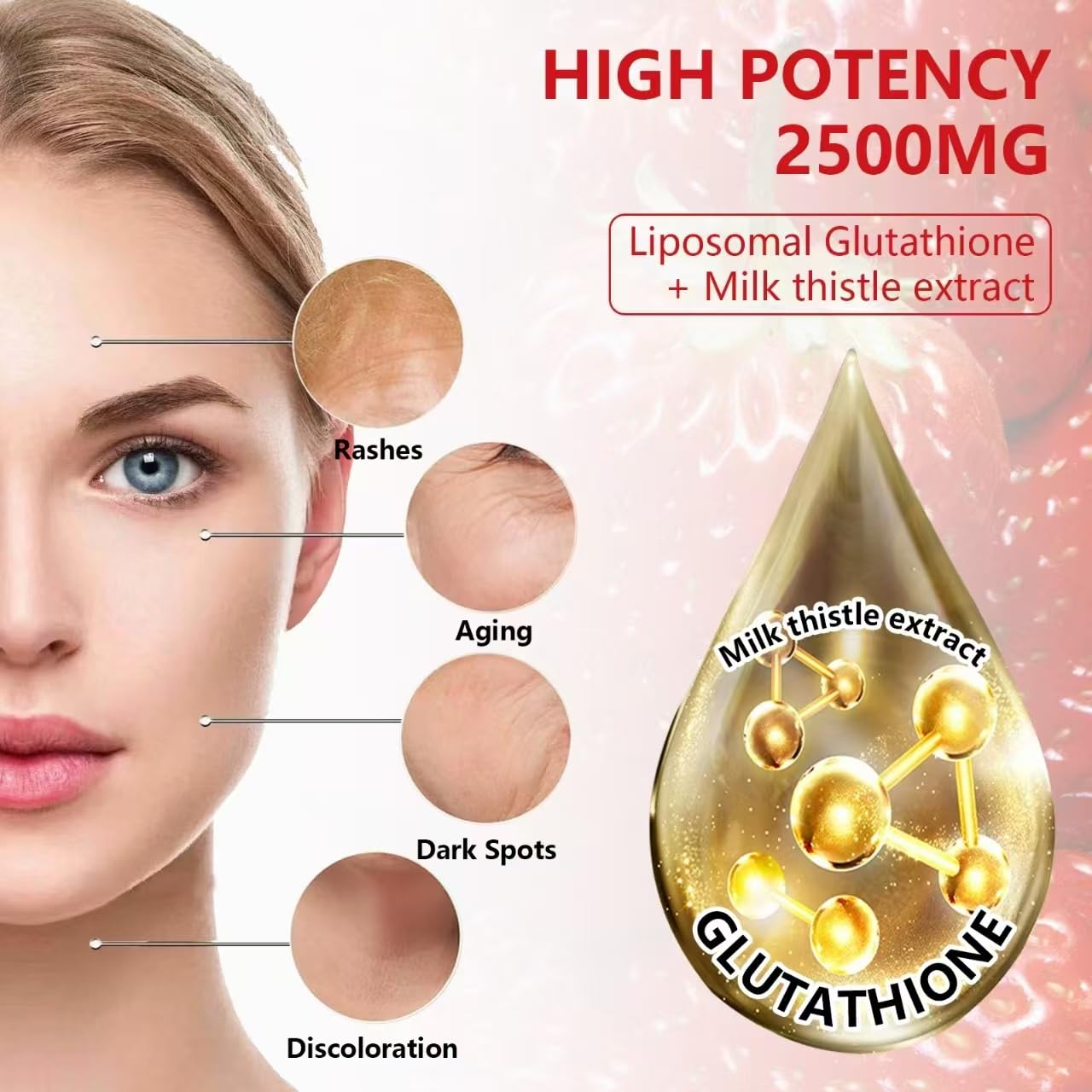 Label highlighting 2500mg L-Glutathione per serving