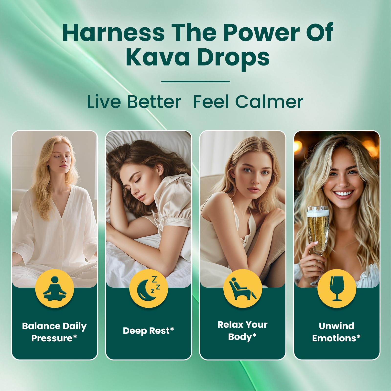 Marketing concept image showing calm mood and focus with Liposomal Kava Kava