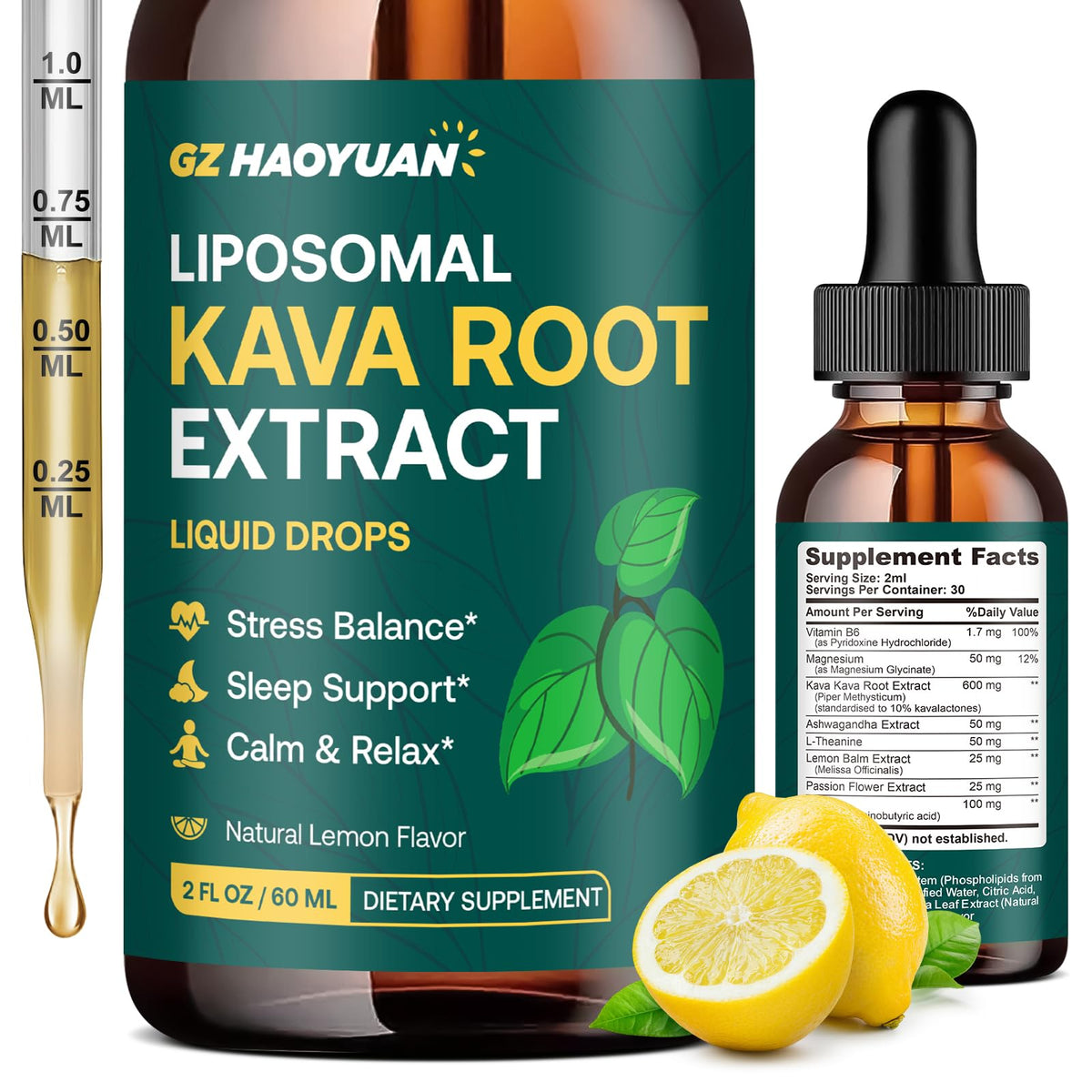 Liposomal Kava Kava Drops bottle and packaging on white background