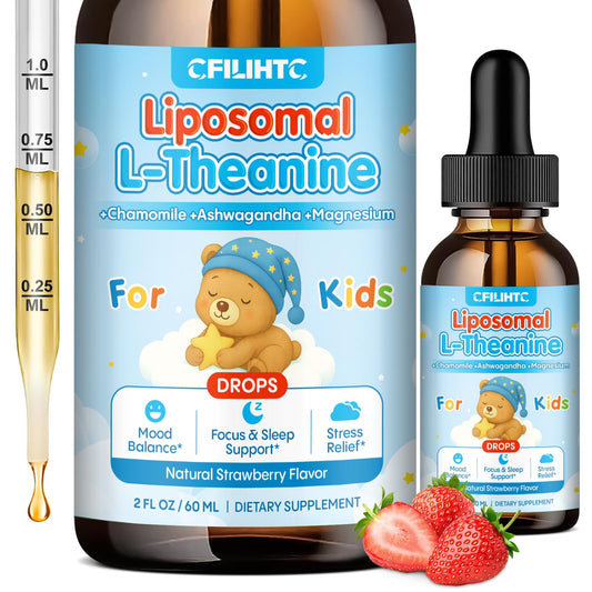 Bottle of Liposomal L-Theanine Drops with strawberry flavor for kids and adults