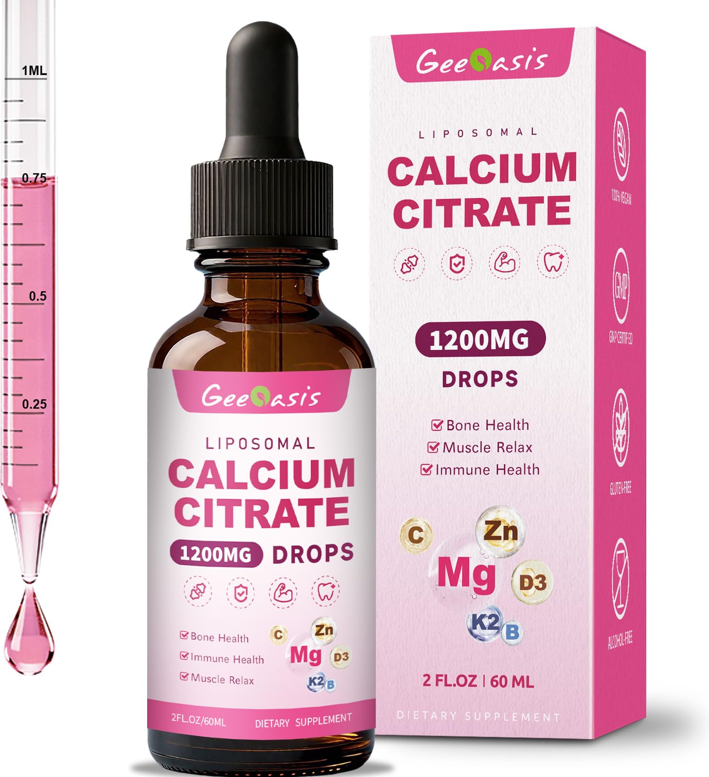 Liposomal liquid calcium citrate drops bottle showing 2 oz size