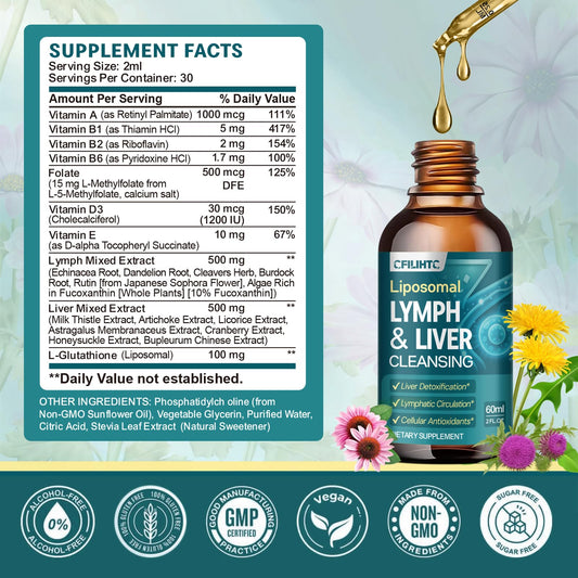 Ingredient panel showing Milk Thistle, Echinacea, Dandelion and more