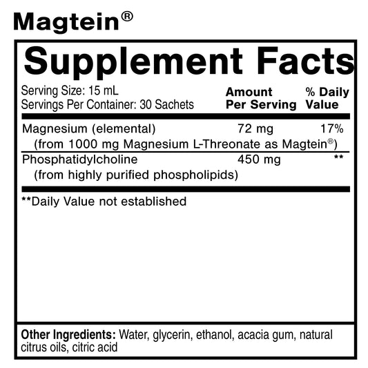 Close-up of a single Liposomal Magtein 15ml sachet showing tear-and-sip design