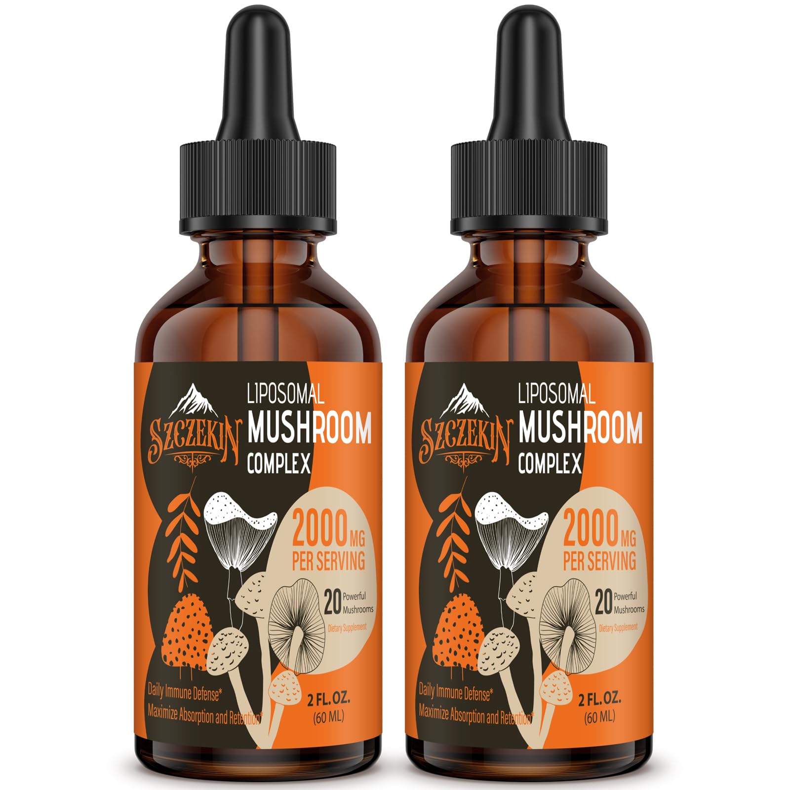 Bottle of Liposomal Mushroom Drops 2000 MG featuring 20 organic mushroom extracts