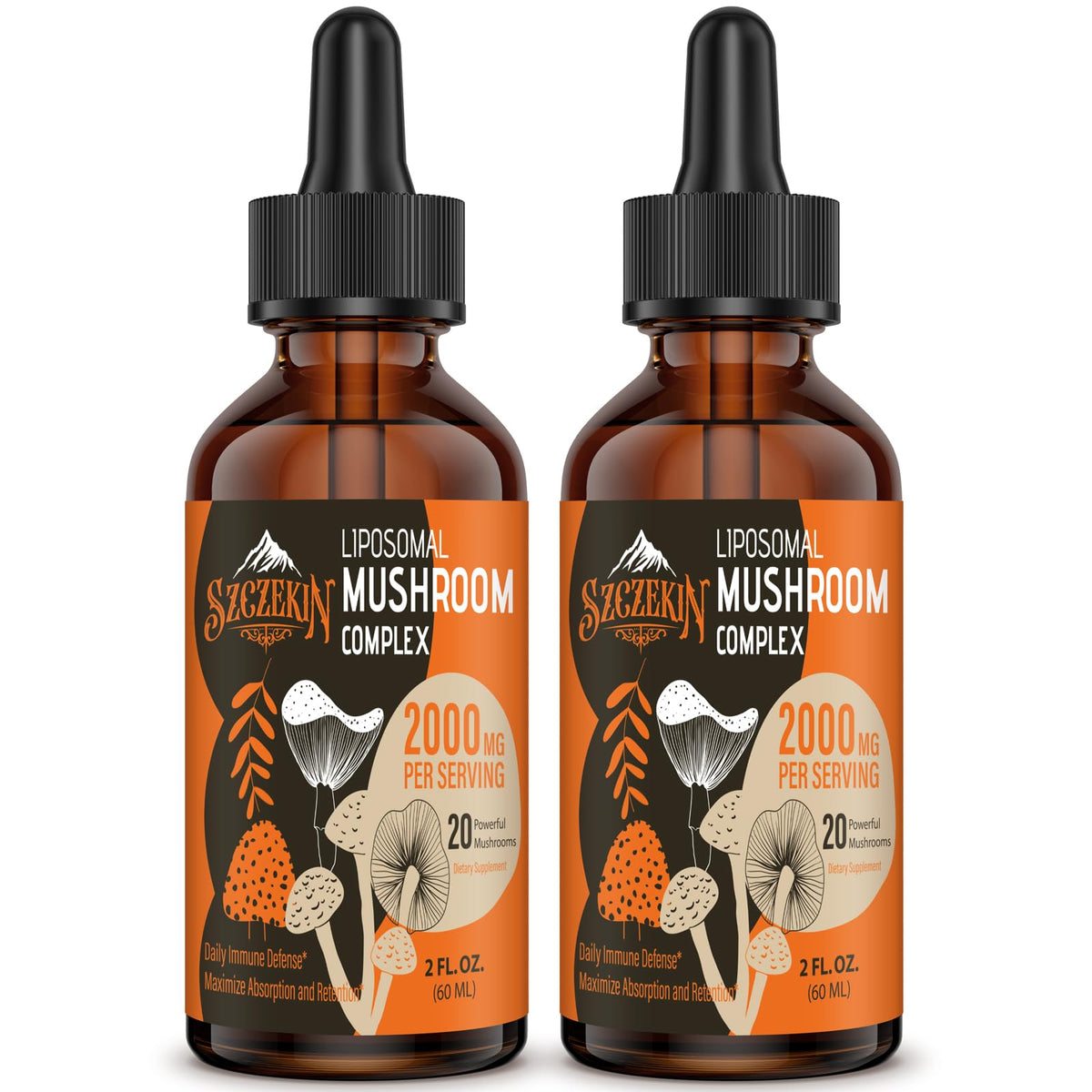 Bottle of Liposomal Mushroom Drops 2000 MG featuring 20 organic mushroom extracts