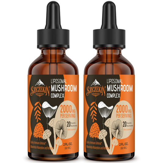 Bottle of Liposomal Mushroom Drops 2000 MG featuring 20 organic mushroom extracts