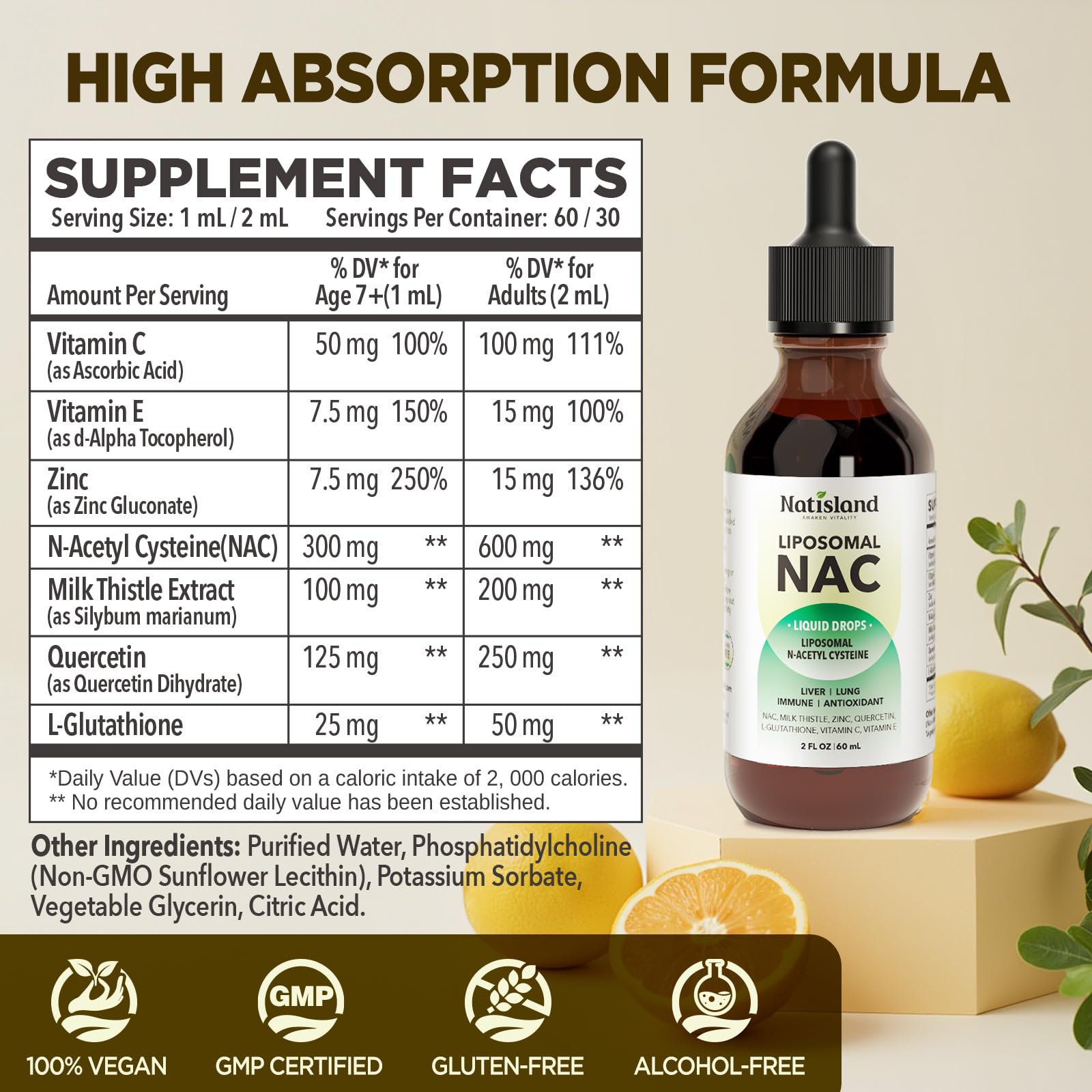 Front view of Liposomal NAC Drops bottle with label highlighting 600 mg NAC