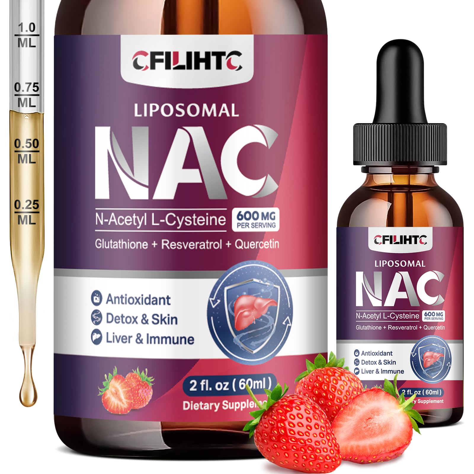 Front view of Liposomal NAC Drops bottle – Strawberry flavor, 2 oz