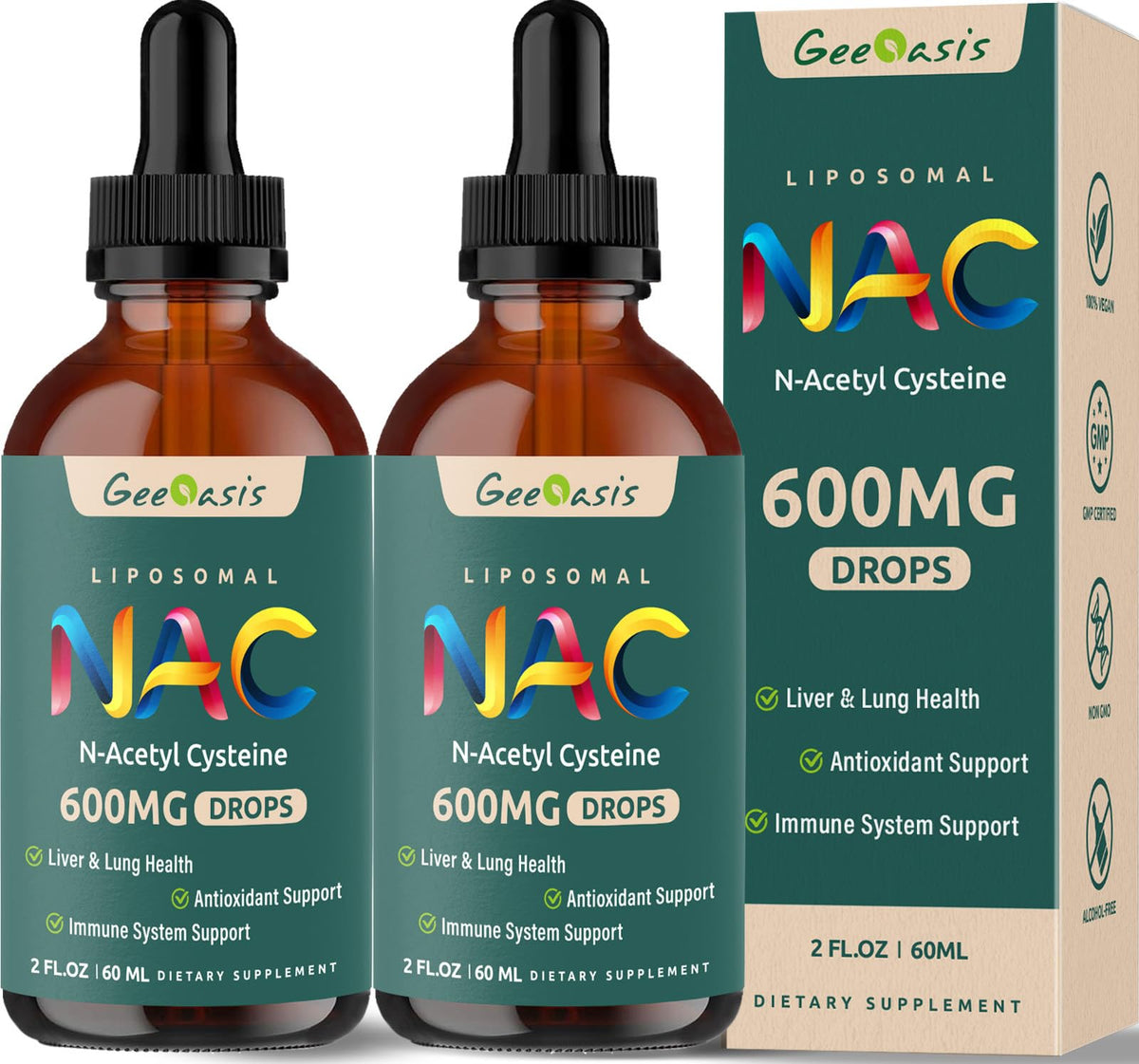 Liposomal NAC drops bottle with 2 oz packaging and 2-pack display