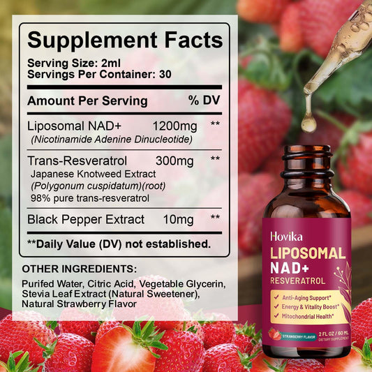 NAD+ liposomal strawberry drops bottle close-up