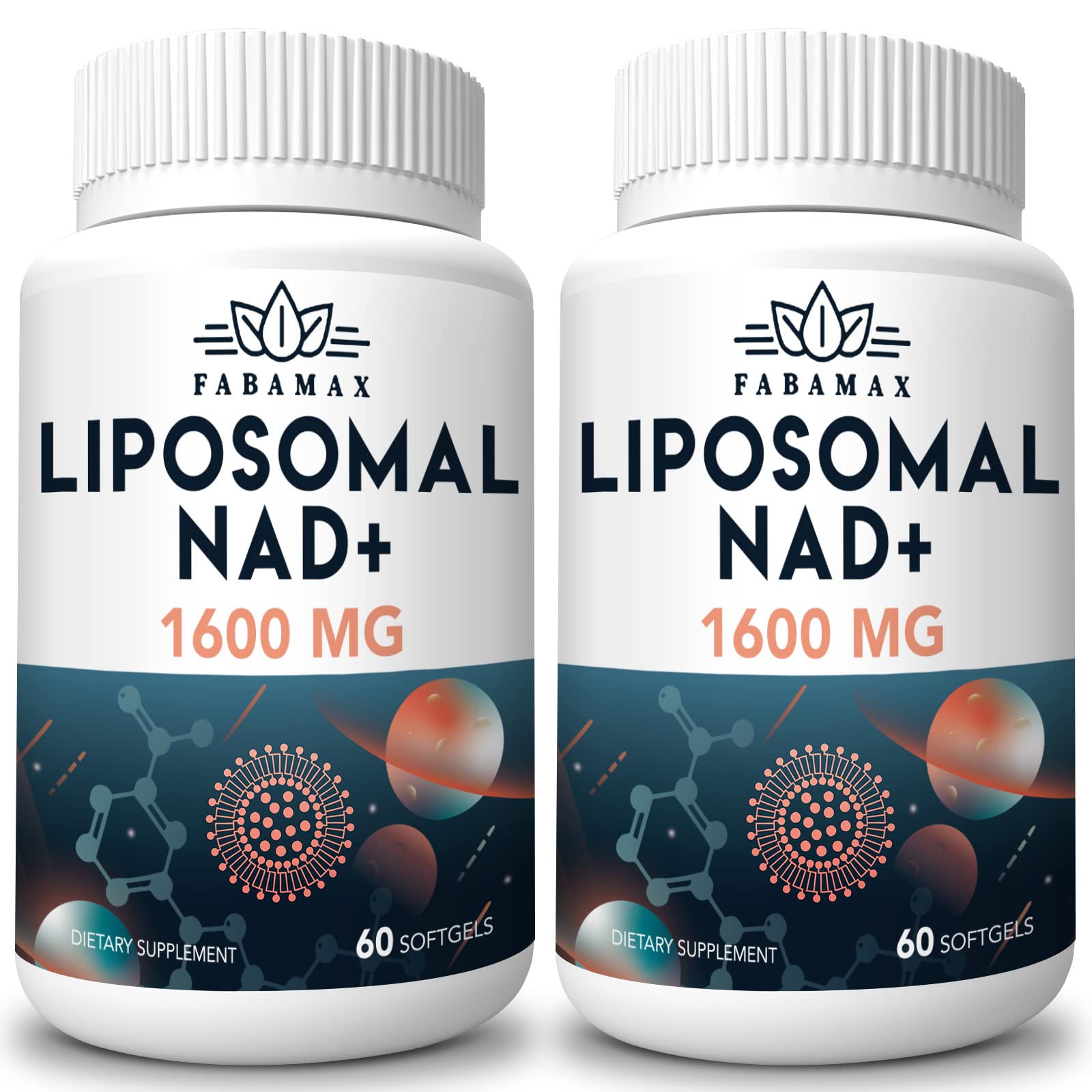 Front view of 1600 mg Liposomal NAD+ softgels bottle