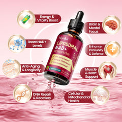 Two bottles of NAD+ liposomal drops with droppers