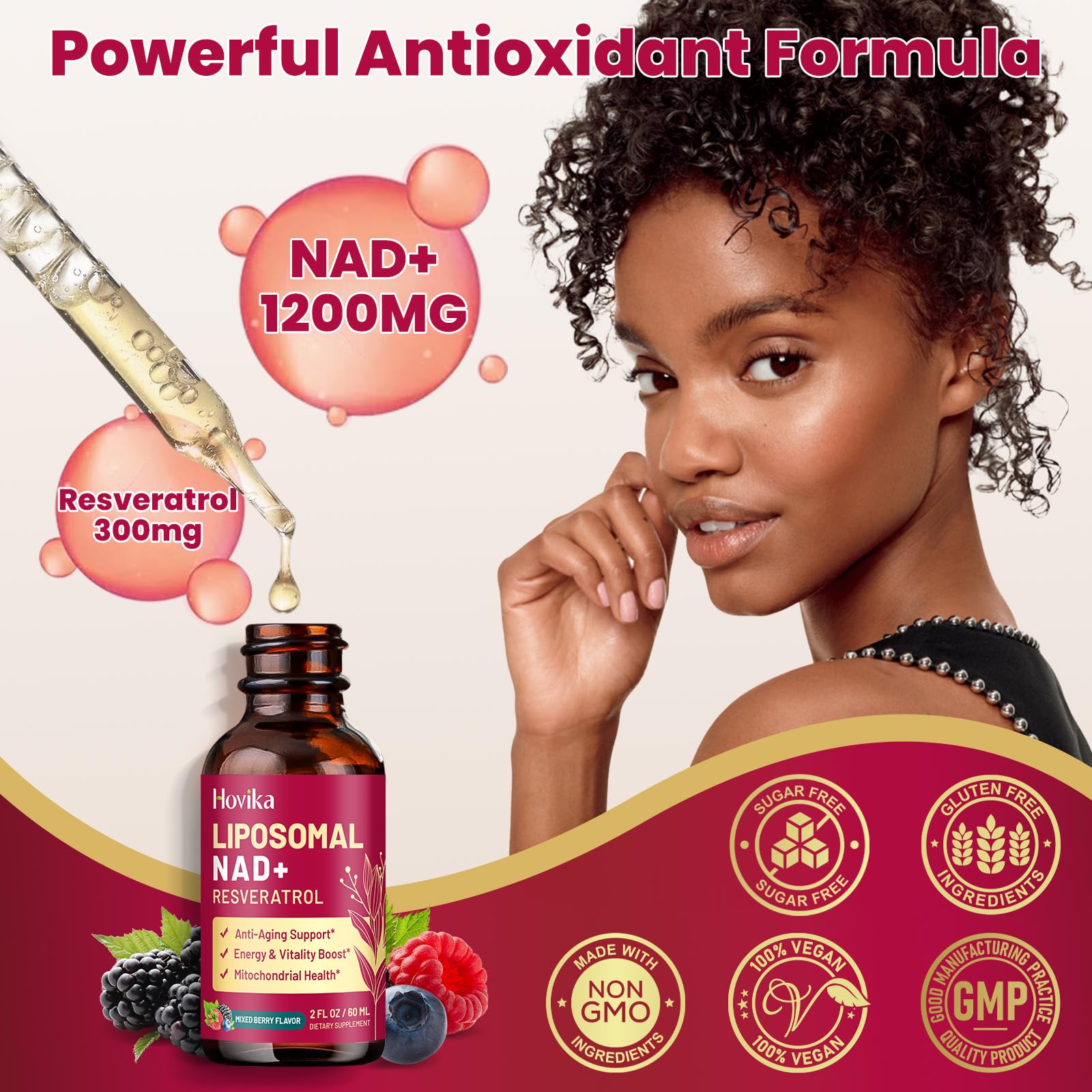 Vegan, non-GMO NAD+ supplement packaging with berry flavor