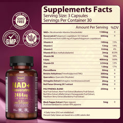 Ingredients close-up featuring Resveratrol, Pterostilbene, Quercetin in NAD liposomal formula