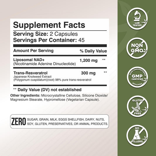 Close-up of liposomal NAD+ with Trans-Resveratrol capsules