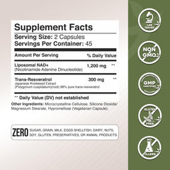 Close-up of liposomal NAD+ with Trans-Resveratrol capsules