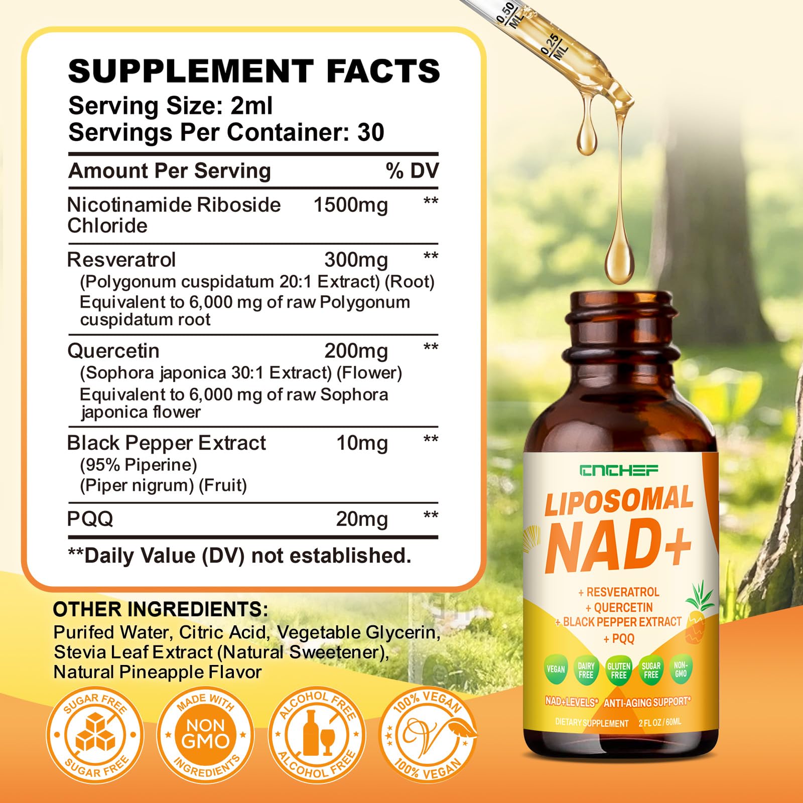 Graphic featuring Resveratrol and Quercetin ingredients for NAD+ supplement