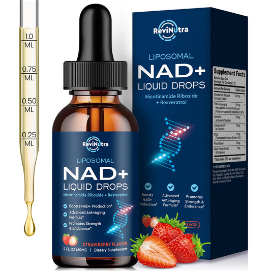 Front view of Liposomal NAD+ Liquid bottle with strawberry flavor