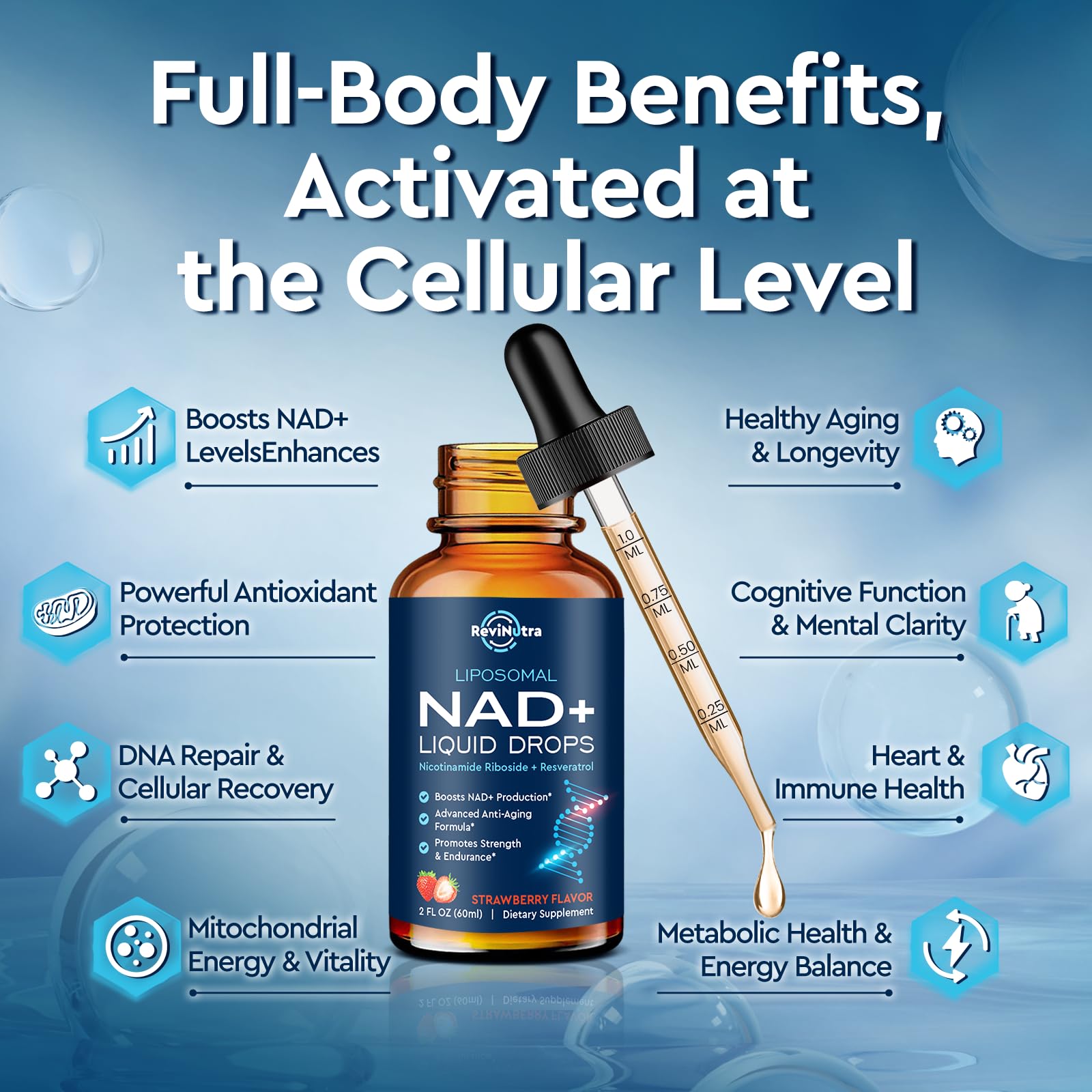 Liposomal NAD+ Liquid strawberry flavor label