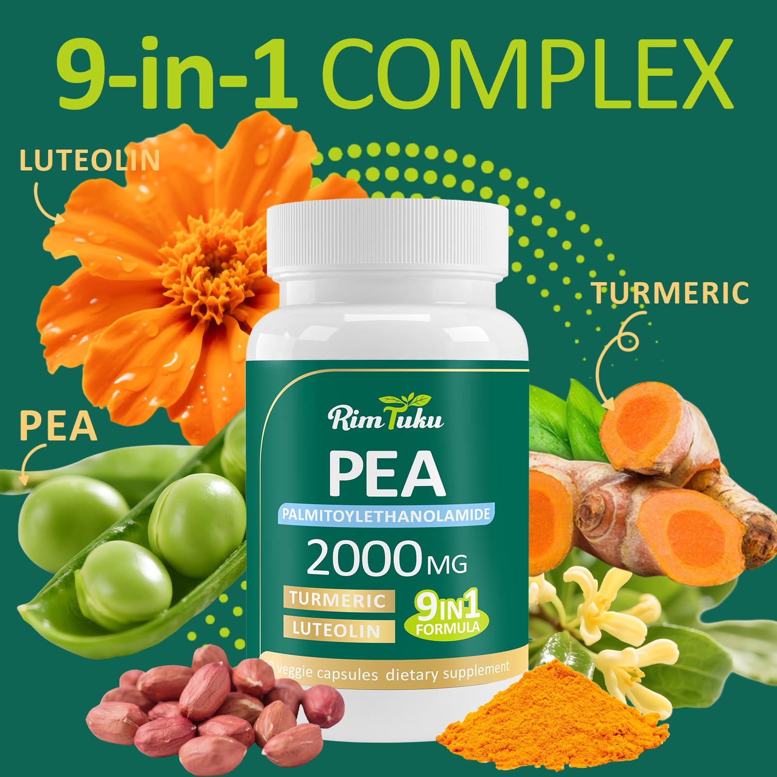 9-in-1 antioxidant support concept with PEA, Luteolin, Turmeric and Fisetin