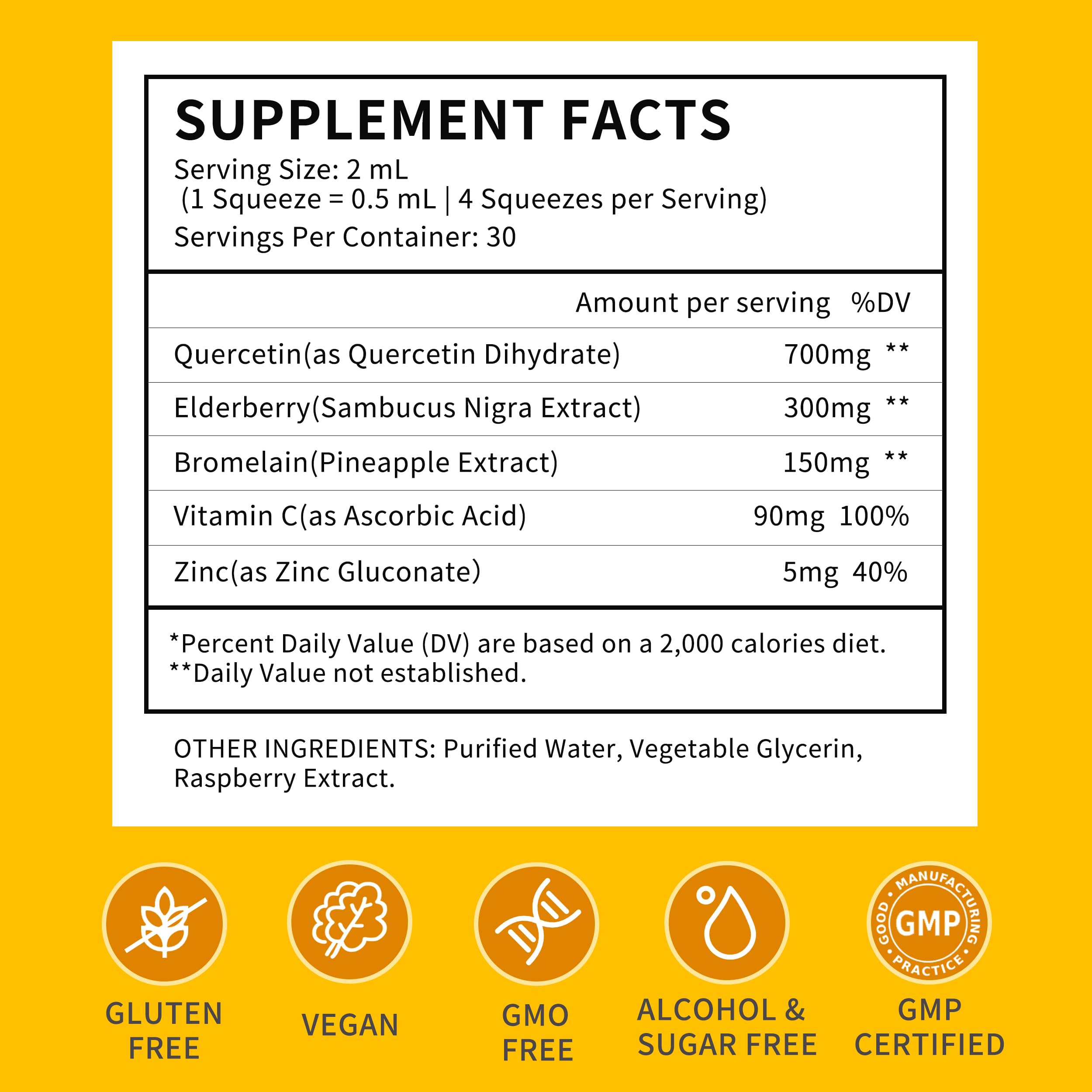 Product label for quercetin with bromelain liquid drops