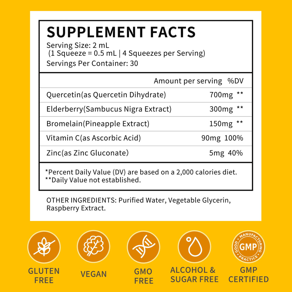 Product label for quercetin with bromelain liquid drops