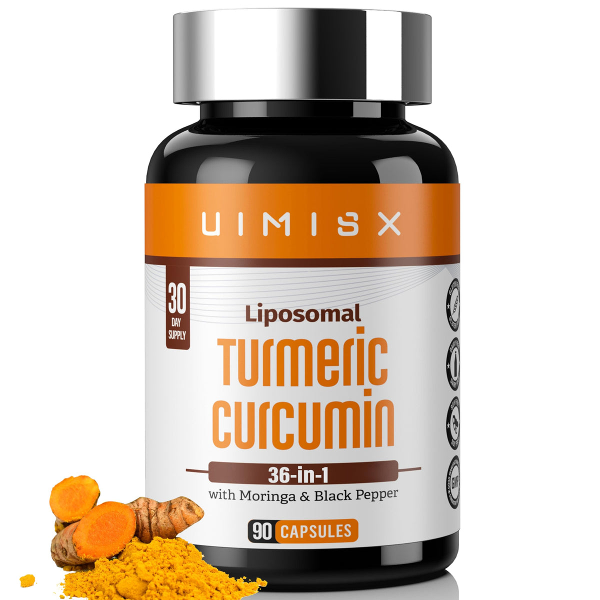 Bottle of Liposomal Turmeric Curcumin supplement with 95% curcuminoids label