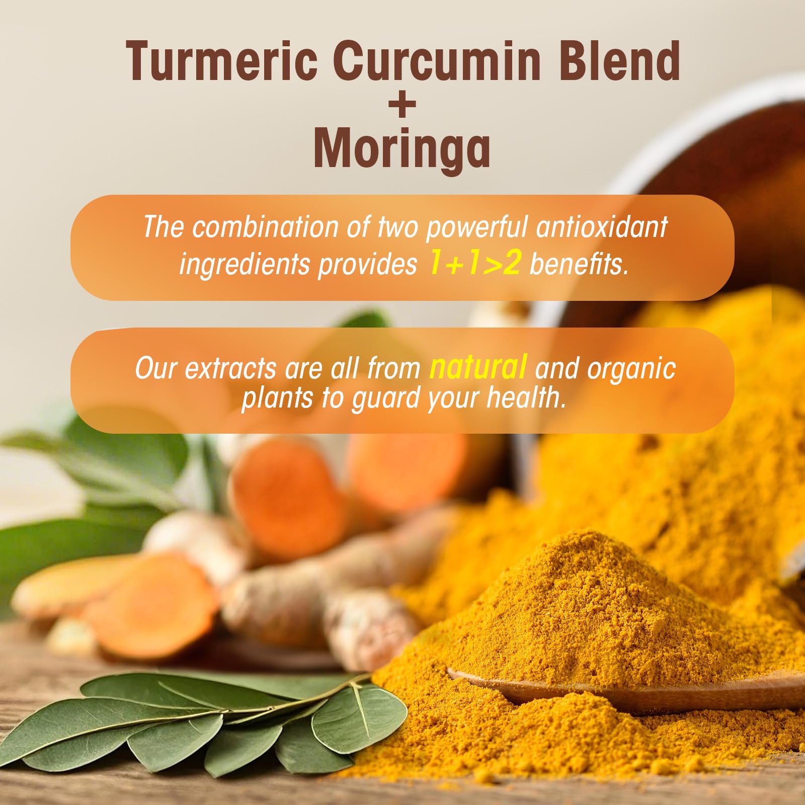 Vegan, non-GMO turmeric curcumin supplement on a white background