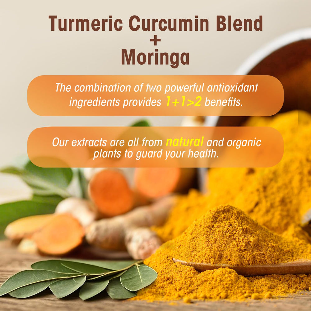 Vegan, non-GMO turmeric curcumin supplement on a white background