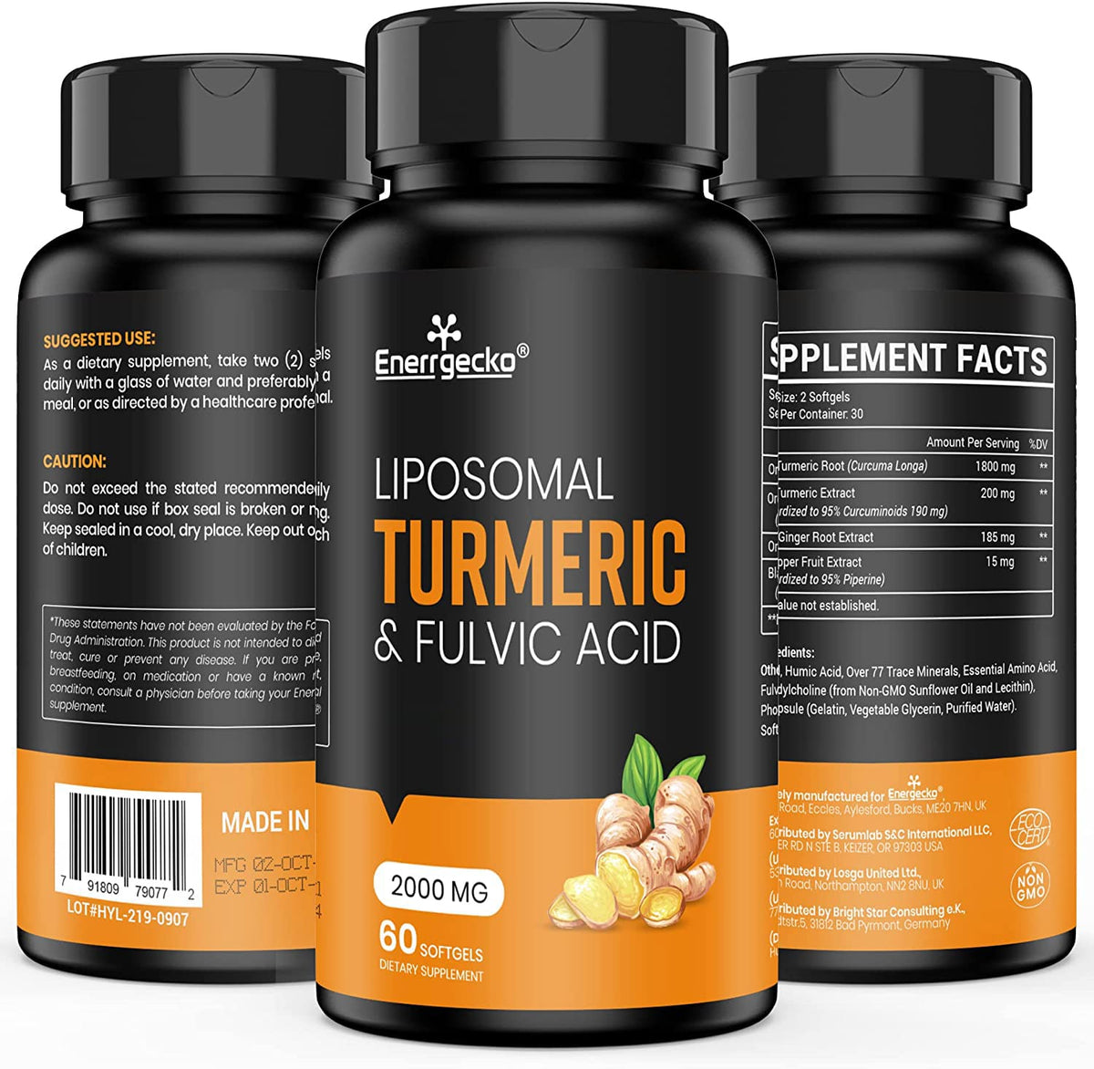 Bottle label showing 2000 mg liposomal turmeric curcumin with black pepper and ginger