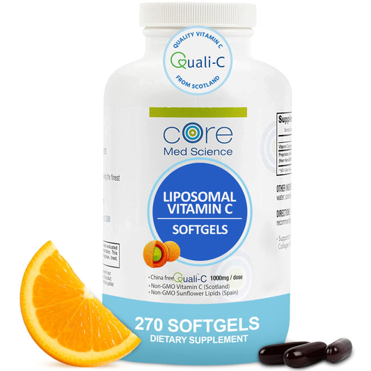 Front view of Core Med Science Liposomal Vitamin C 1000mg 270 softgels bottle