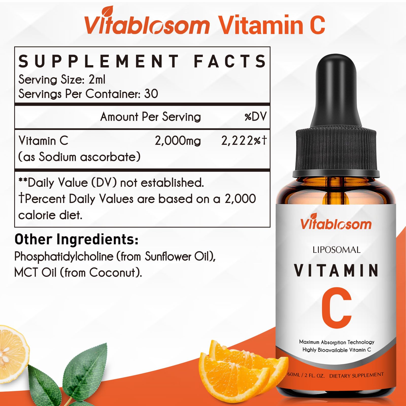 Dropper showing 2 ml dosage of Liposomal Vitamin C Liquid Drops