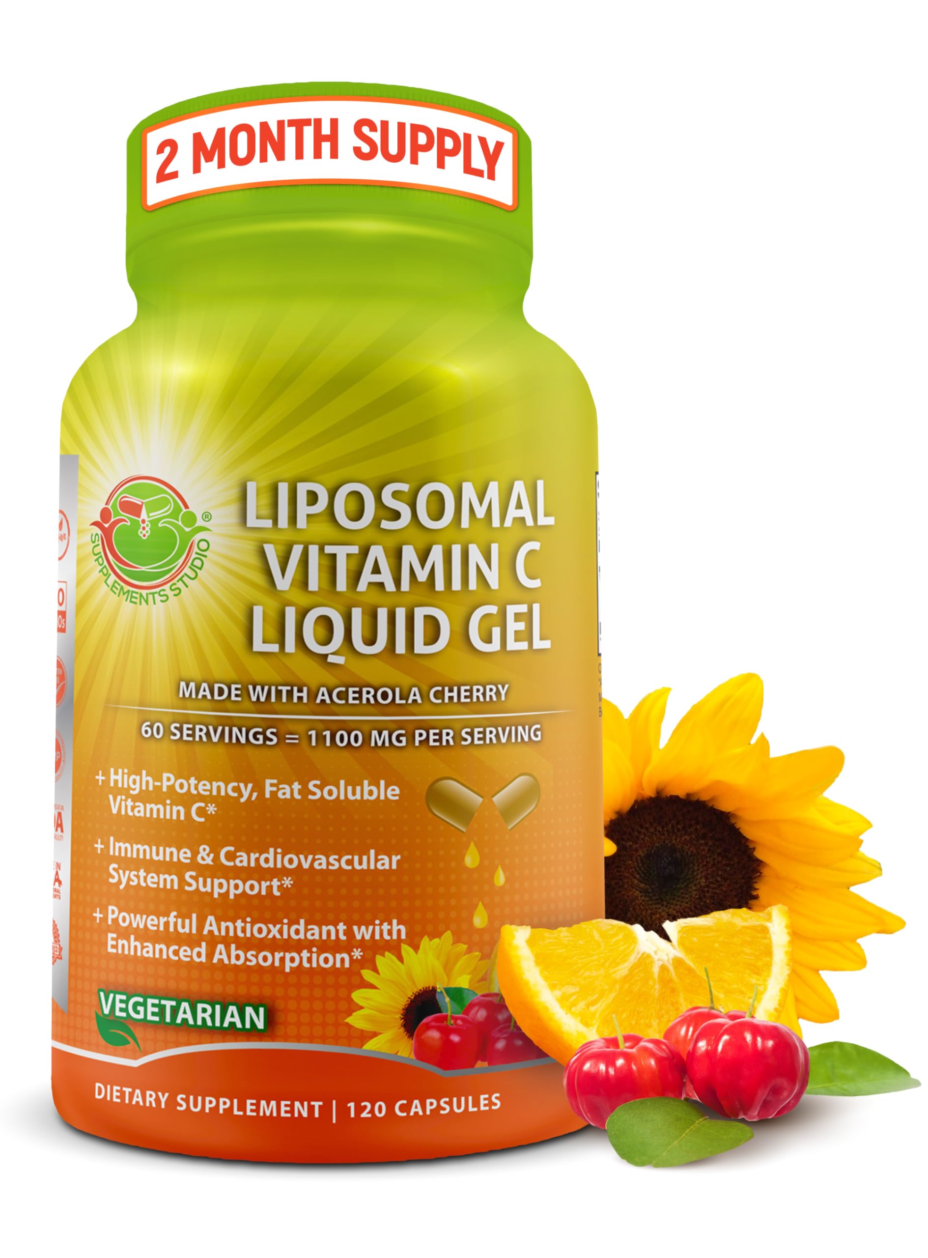 Bottle of liposomal Vitamin C 1100mg liquid gel capsules with acerola cherries