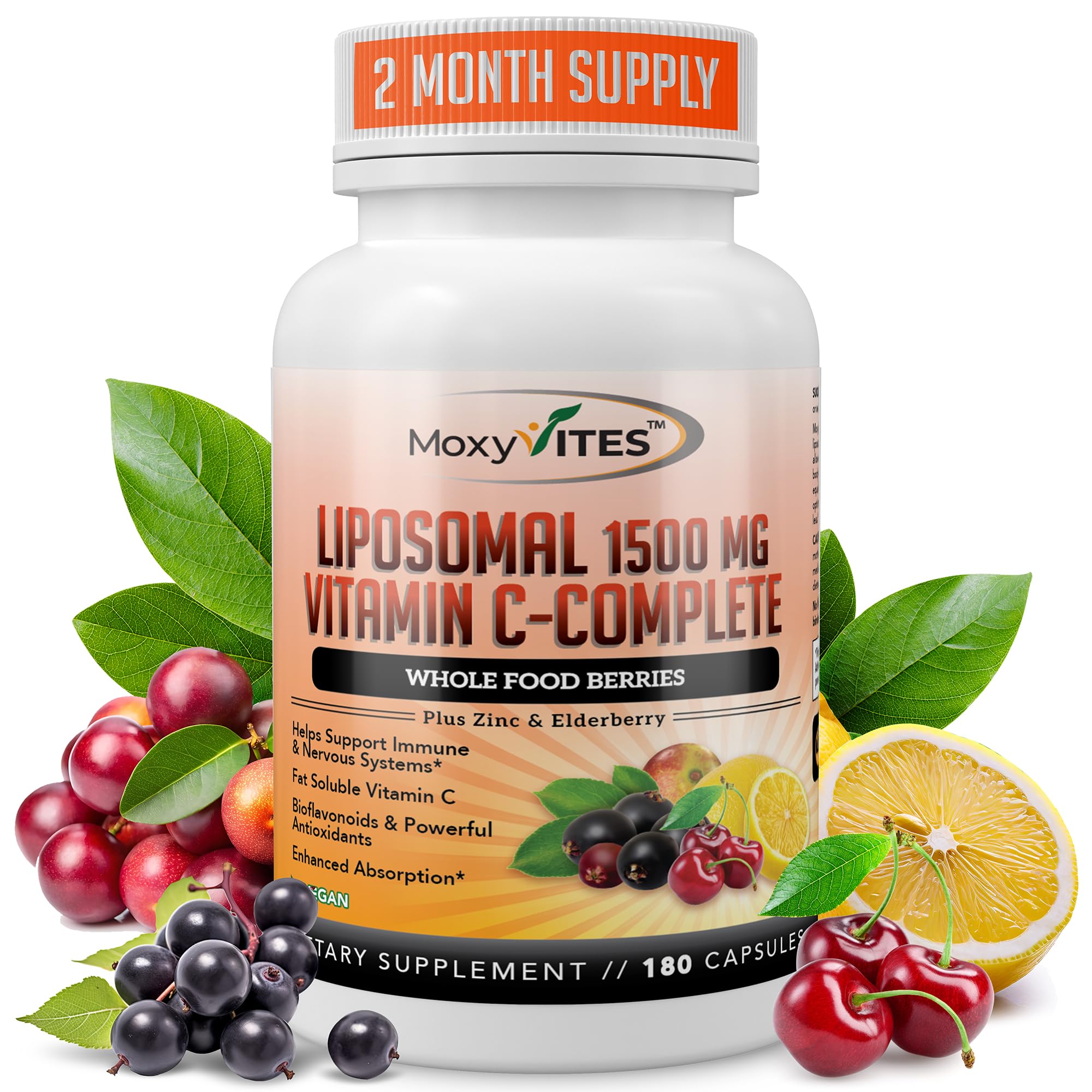 Liposomal Vitamin C with Zinc formula featuring elderberry, amla, and camu camu
