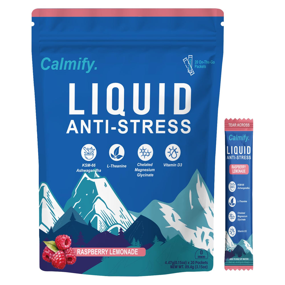 Front view of Liquid Anti-Stress Cortisol sachets and packaging